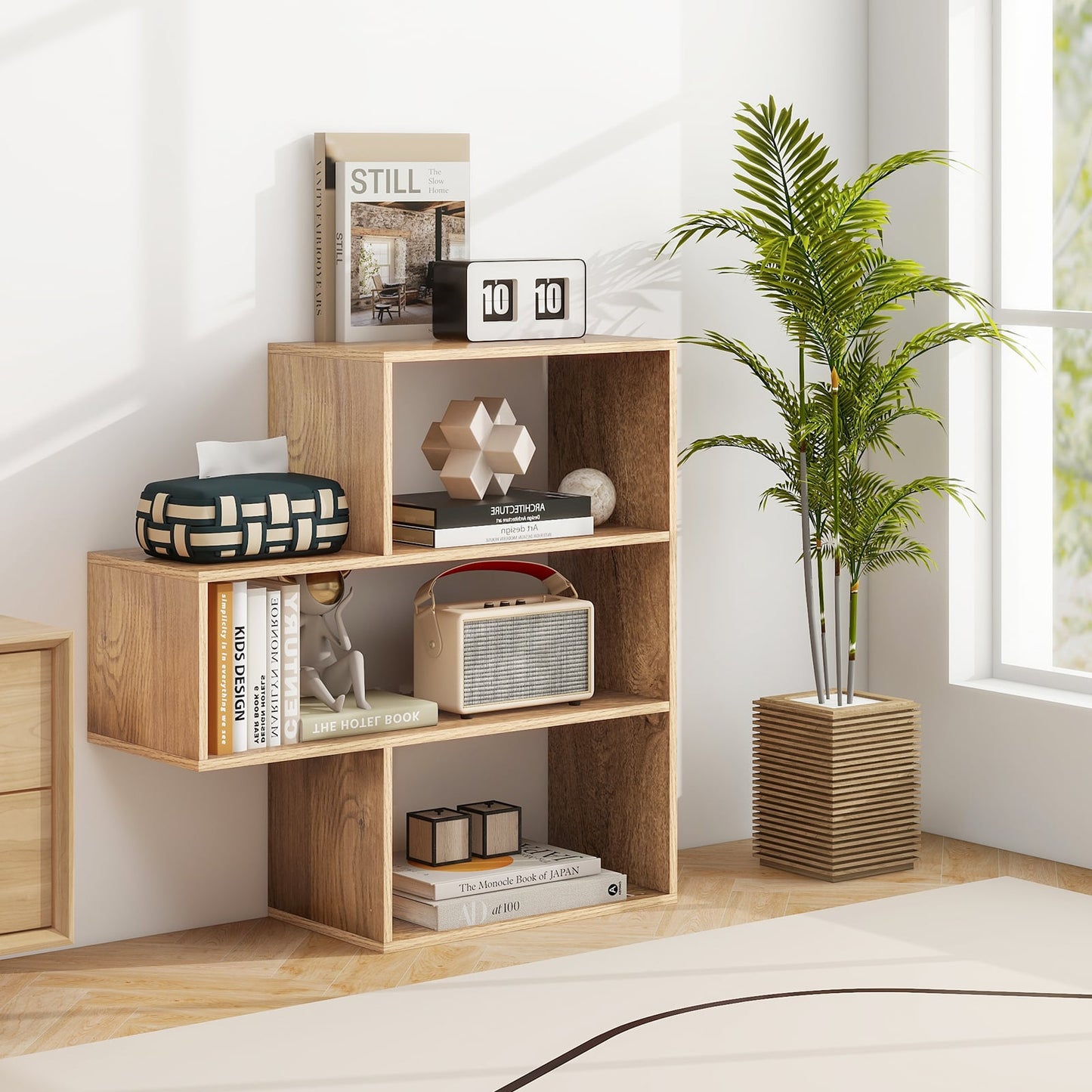 3-tier Bookshelf Irregular Open Back Bookcase with 3 Cubes Free-standing Bookshelf-Natural