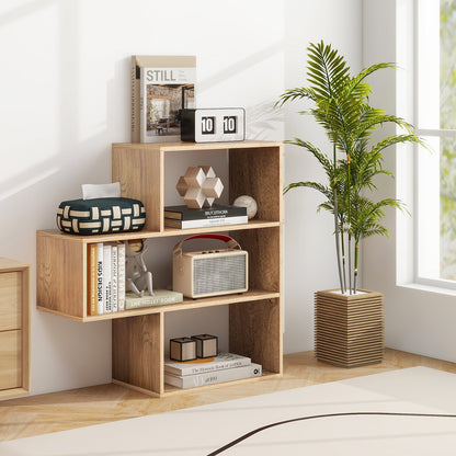 3-tier Bookshelf Irregular Open Back Bookcase with 3 Cubes Free-standing Bookshelf-Natural