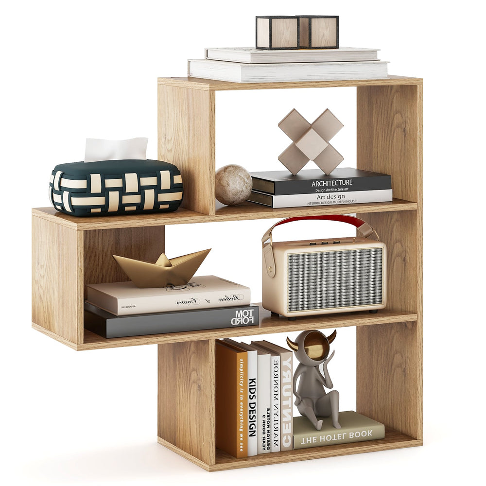 3-tier Bookshelf Irregular Open Back Bookcase with 3 Cubes Free-standing Bookshelf-Natural