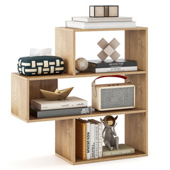 3-tier Bookshelf Irregular Open Back Bookcase with 3 Cubes Free-standing Bookshelf-Natural