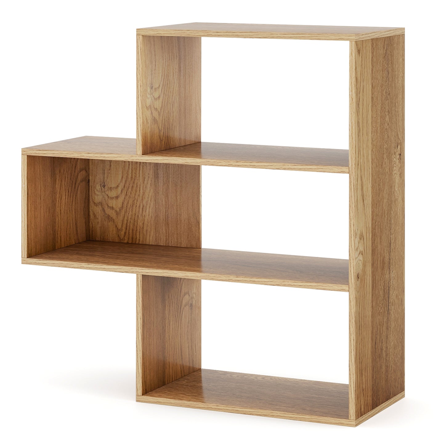 3-tier Bookshelf Irregular Open Back Bookcase with 3 Cubes Free-standing Bookshelf-Natural