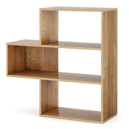 3-tier Bookshelf Irregular Open Back Bookcase with 3 Cubes Free-standing Bookshelf-Natural