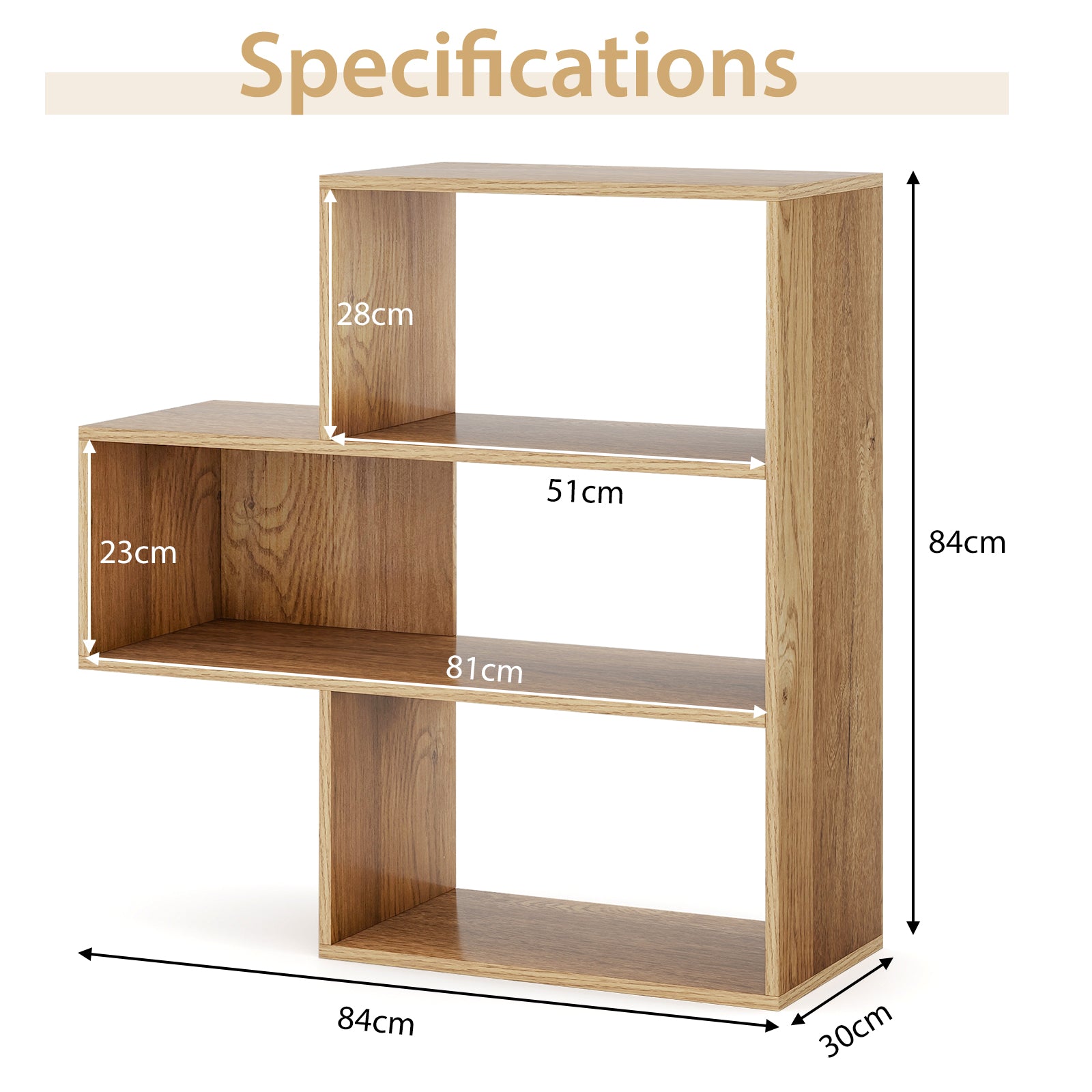 3-tier Bookshelf Irregular Open Back Bookcase with 3 Cubes Free-standing Bookshelf-Natural