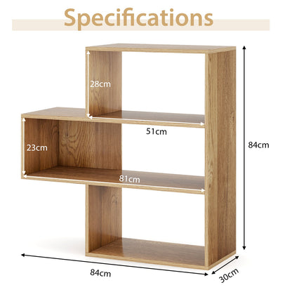 3-tier Bookshelf Irregular Open Back Bookcase with 3 Cubes Free-standing Bookshelf-Natural