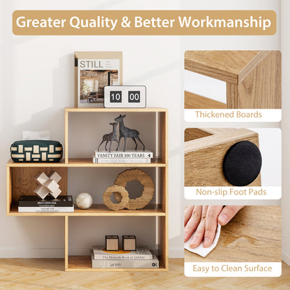3-tier Bookshelf Irregular Open Back Bookcase with 3 Cubes Free-standing Bookshelf-Natural