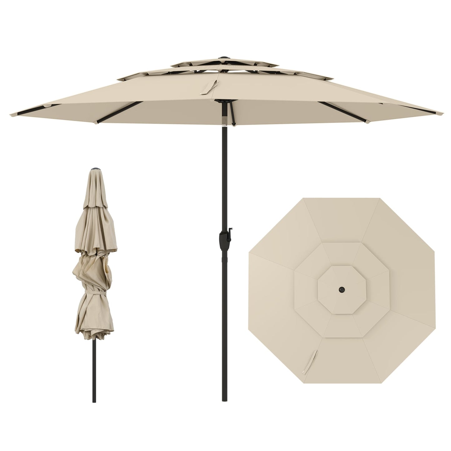 295 cm 3-tier Vented Patio Large Market Table Umbrella with Push Button Tilt-Beige