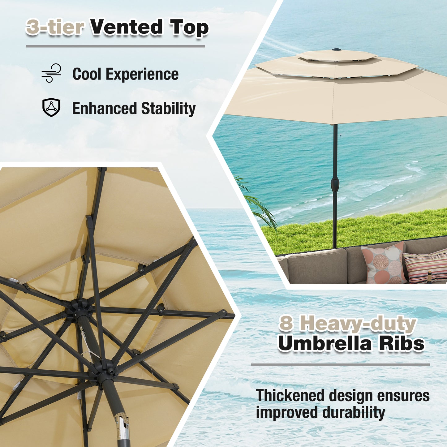 295 cm 3-tier Vented Patio Large Market Table Umbrella with Push Button Tilt-Beige