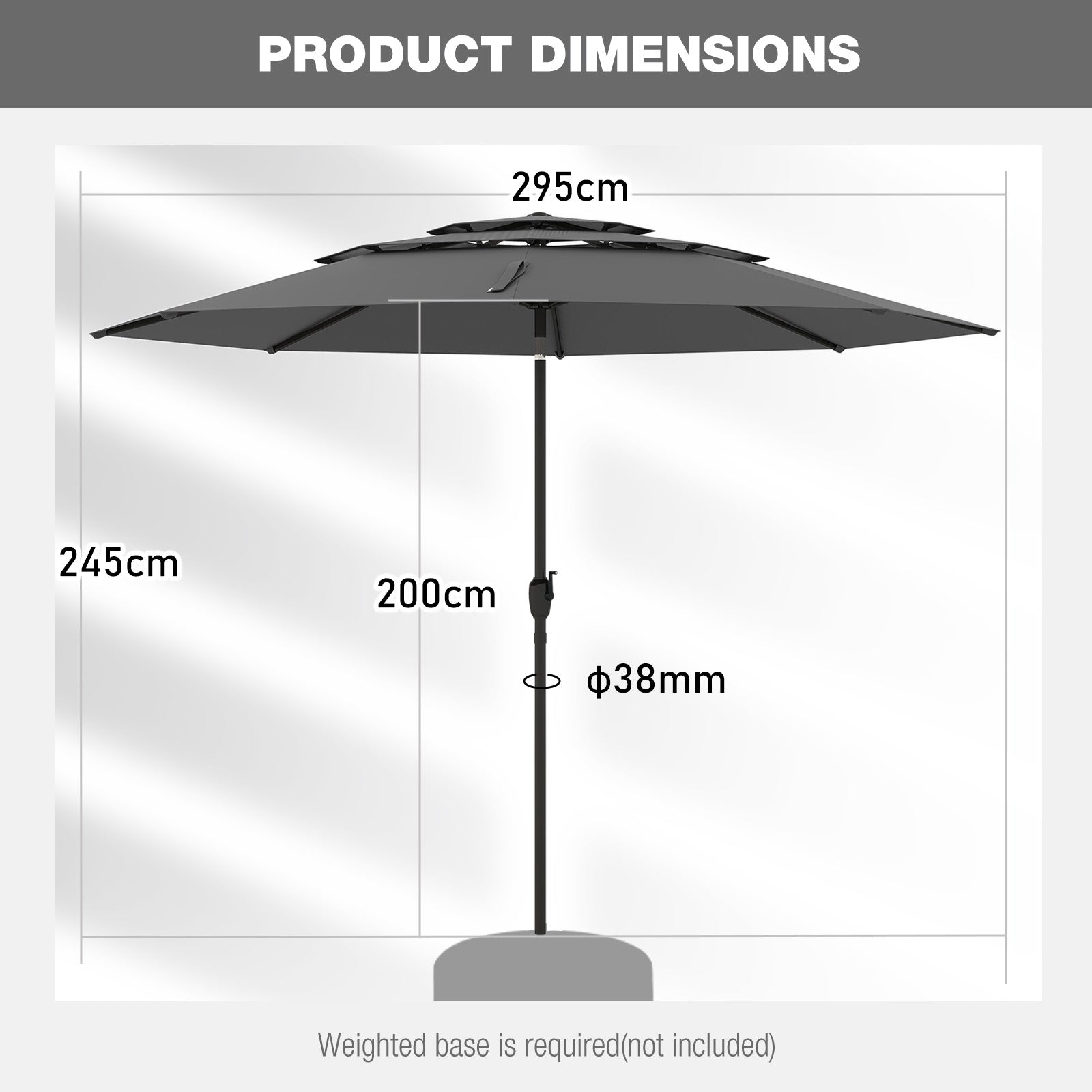 295 cm 3-tier Vented Patio Large Market Table Umbrella with Push Button Tilt-Grey