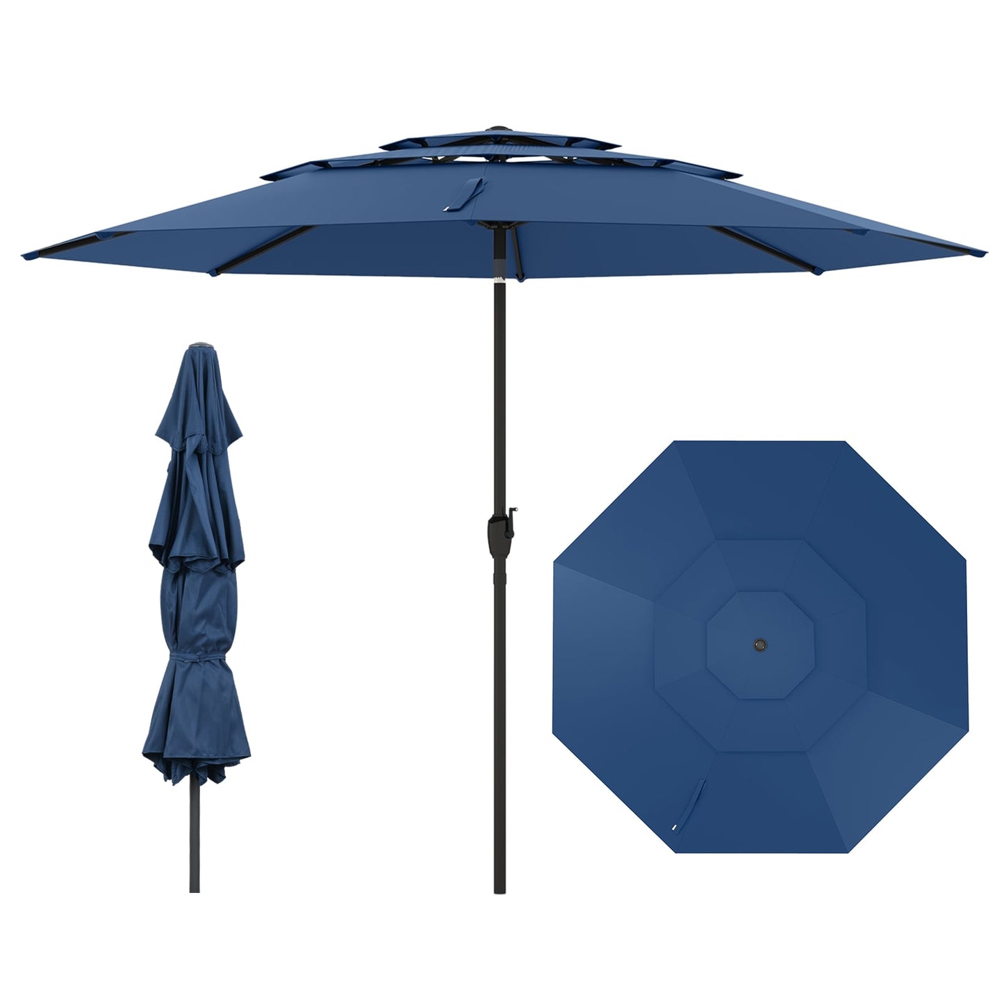 295 cm 3-tier Vented Patio Large Market Table Umbrella with Push Button Tilt-Navy