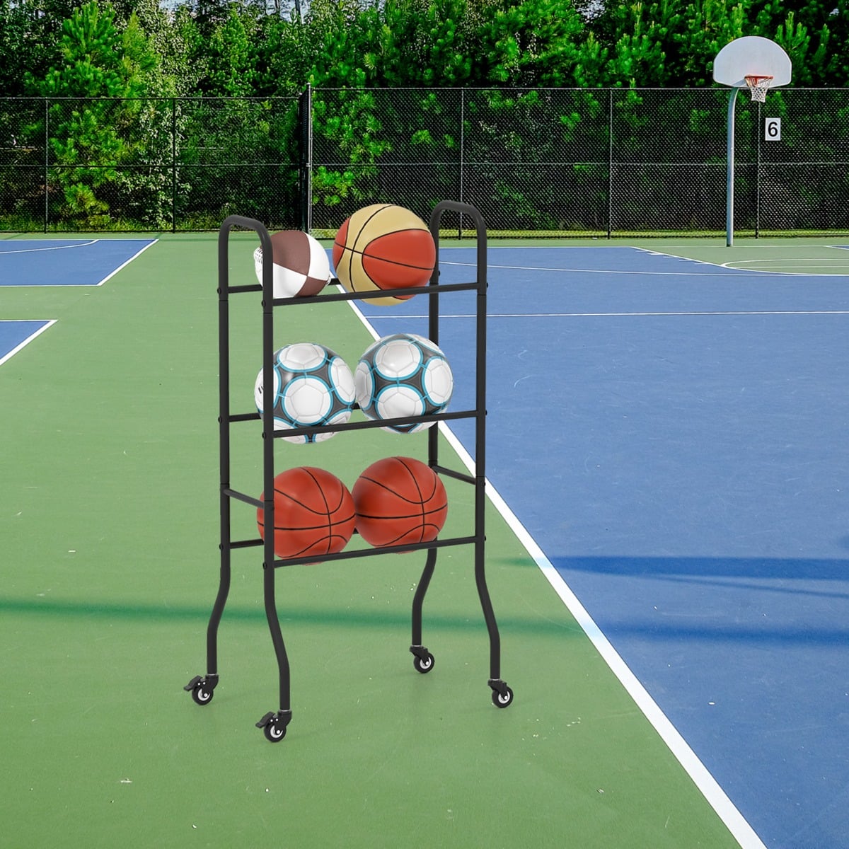3-Tier Basketball Rack with 4 Universal Wheels and Metal Frame