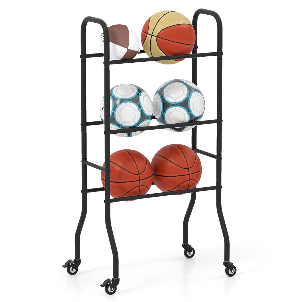 3-Tier Basketball Rack with 4 Universal Wheels and Metal Frame