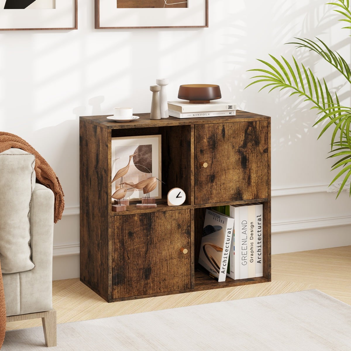 3-Tier Bookshelf with Dual Anti-Tipping Kits and 2 Cabinets-Rustic Brown