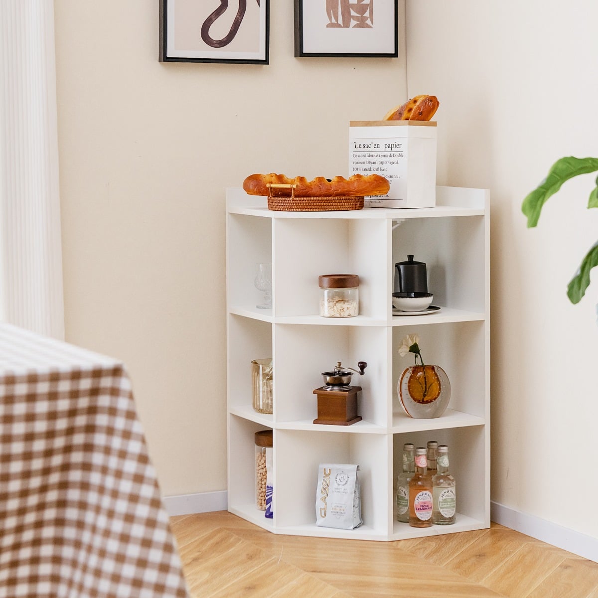 3-Tier Corner Cabinet with Charging Station and 9 Cubbies-White