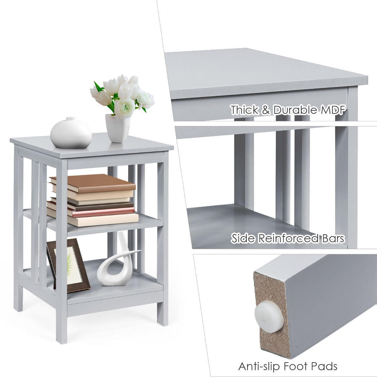 3-Tier Nightstand with Reinforced Bars for Bedroom Living Room Hall Easy Assembly-Grey