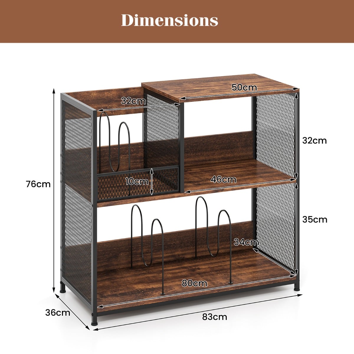 3-Tier Record Player Stand with Vinyl Storage and 3 Removable Dividers-Brown