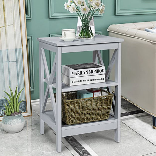 3-Tier Nightstand End Table with X Design Storage -Gray