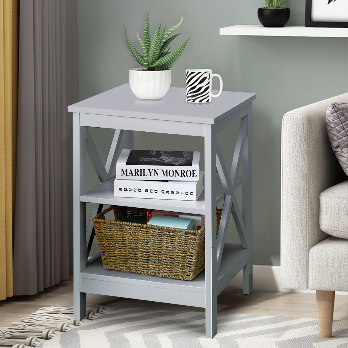 3-Tier Wooden Side table / Bedside Table -Grey