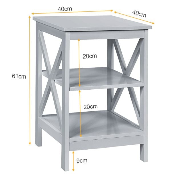 3-Tier Nightstand End Table with X Design Storage -Gray