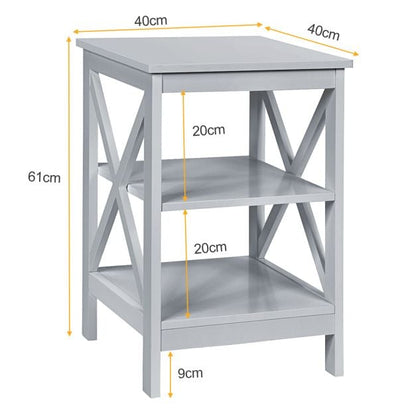 3-Tier Nightstand End Table with X Design Storage -Gray