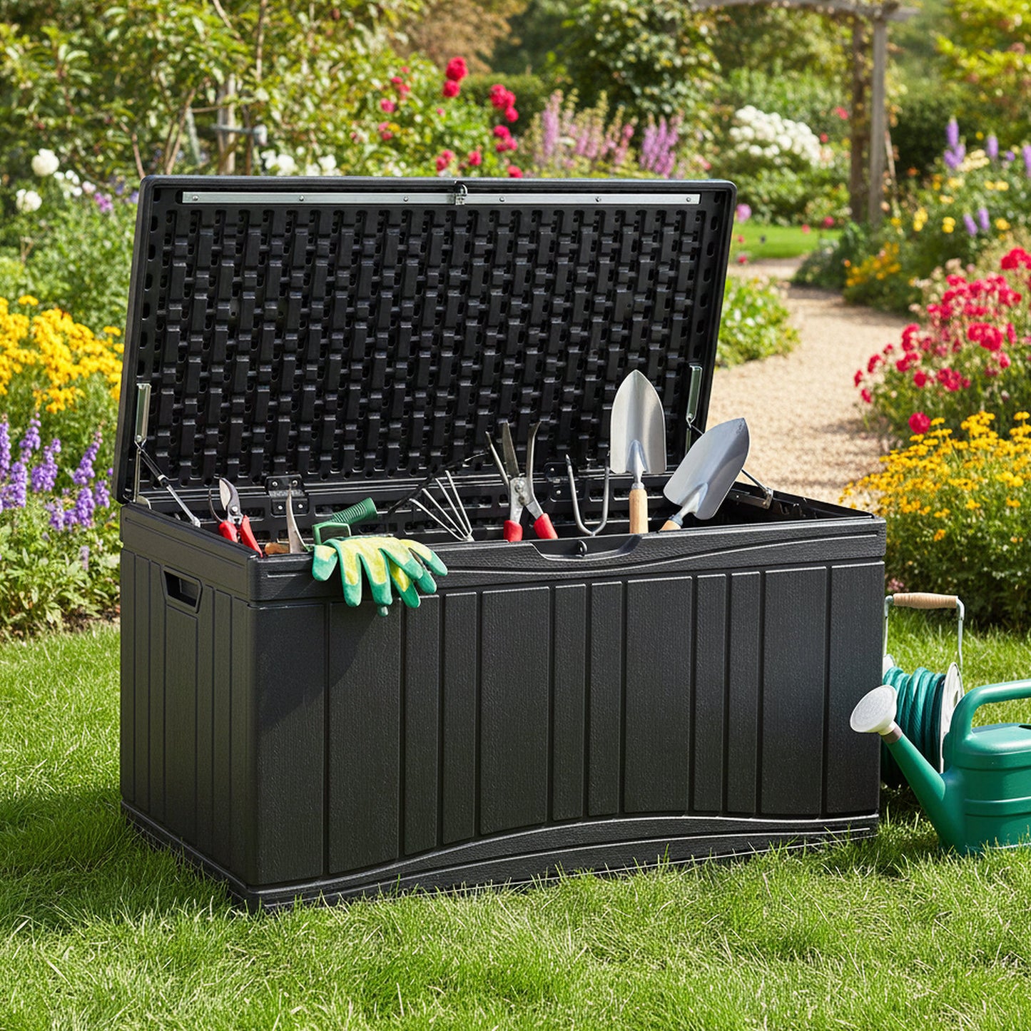 300 L Patio HDPE Storage Container with Gas Struts and Lockable Lid-Black