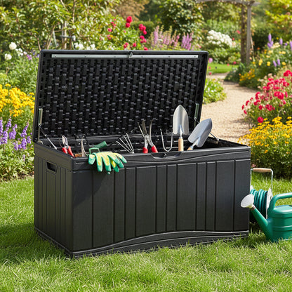 300 L Patio HDPE Storage Container with Gas Struts and Lockable Lid-Black