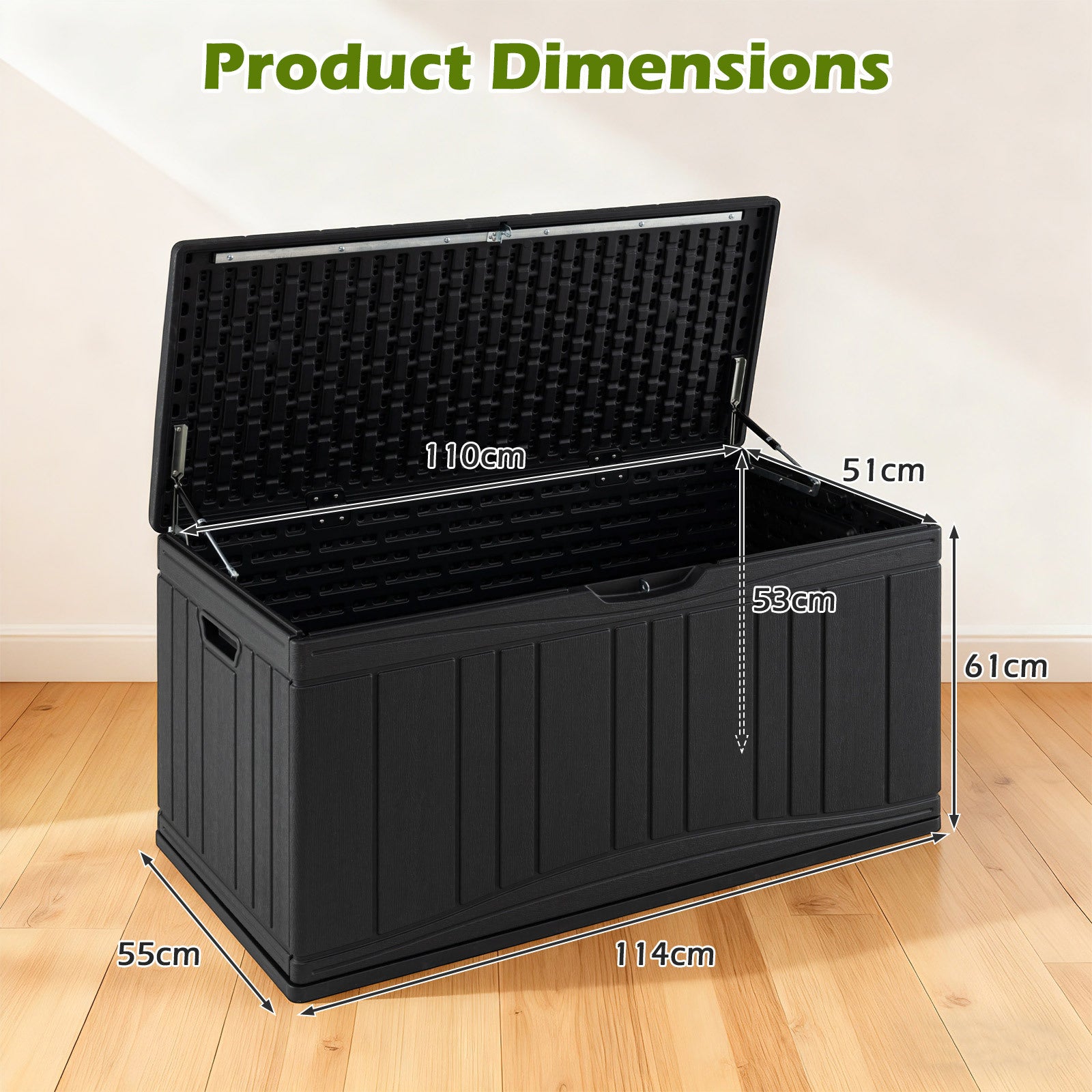 300 L Patio HDPE Storage Container with Gas Struts and Lockable Lid-Black
