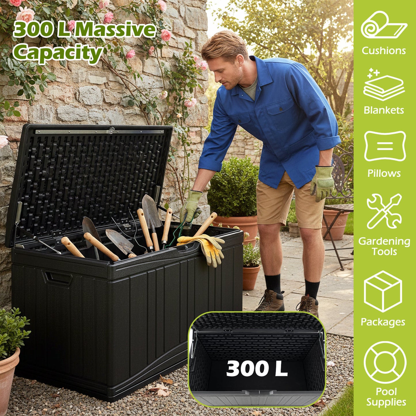 300 L Patio HDPE Storage Container with Gas Struts and Lockable Lid-Black