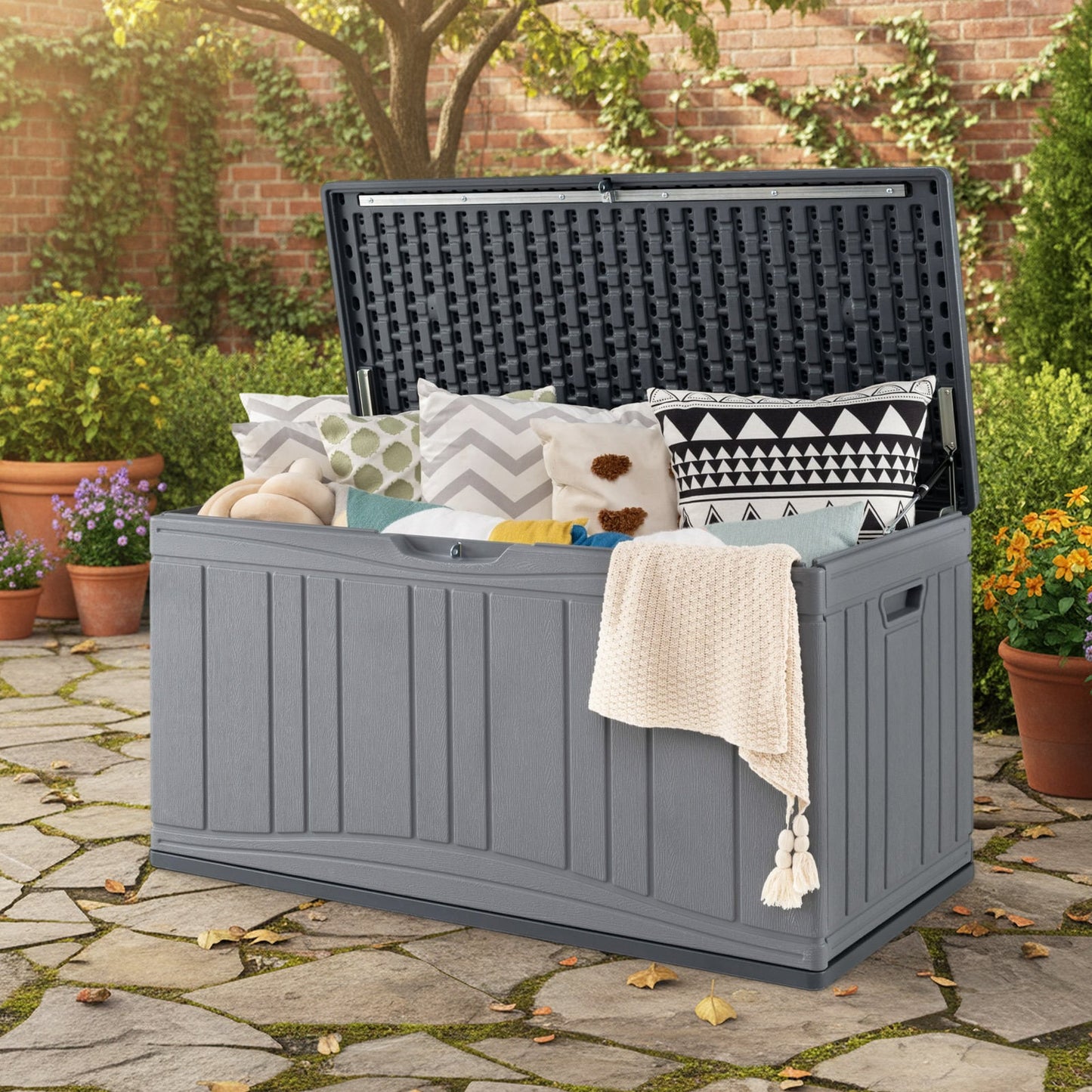 300 L Patio HDPE Storage Container with Gas Struts and Lockable Lid-Grey