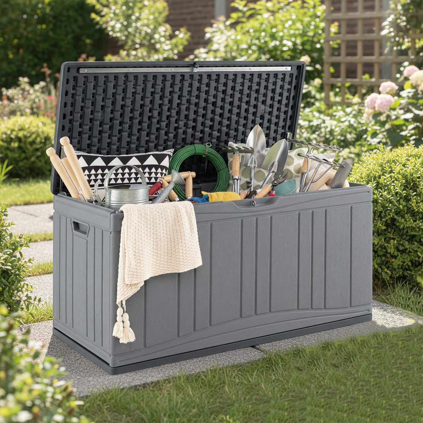 300 L Patio HDPE Storage Container with Gas Struts and Lockable Lid-Grey