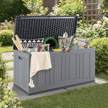 300 L Patio HDPE Storage Container with Gas Struts and Lockable Lid-Grey
