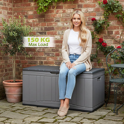 300 L Patio HDPE Storage Container with Gas Struts and Lockable Lid-Grey