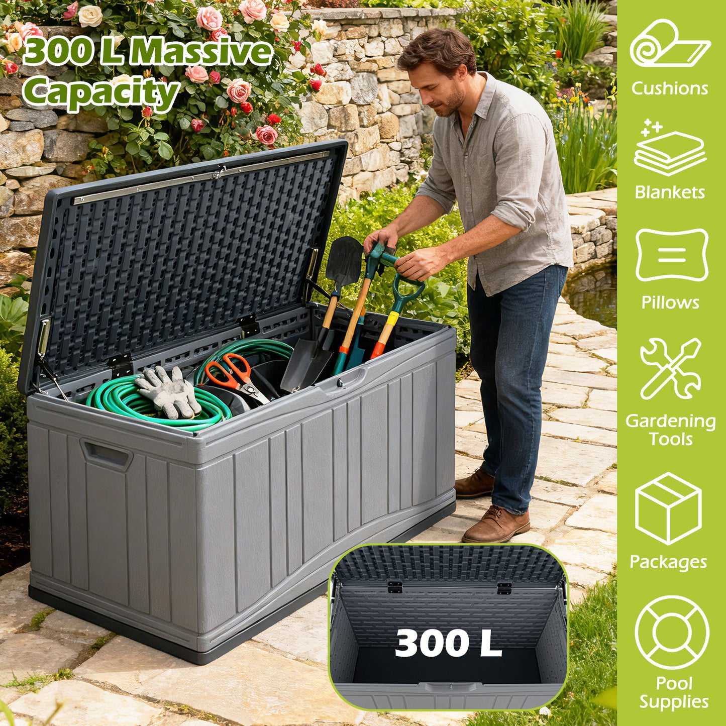 300 L Patio HDPE Storage Container with Gas Struts and Lockable Lid-Grey