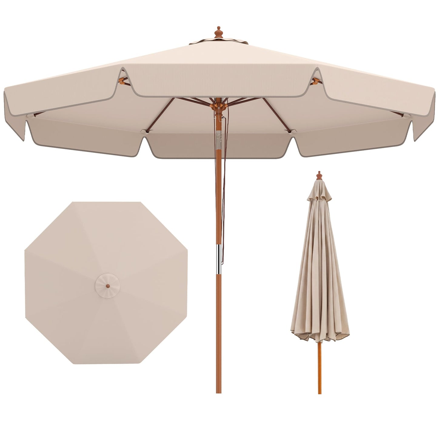 300 cm Scalloped Patio Umbrella Market Table Umbrella with Push Button Tilt-Beige