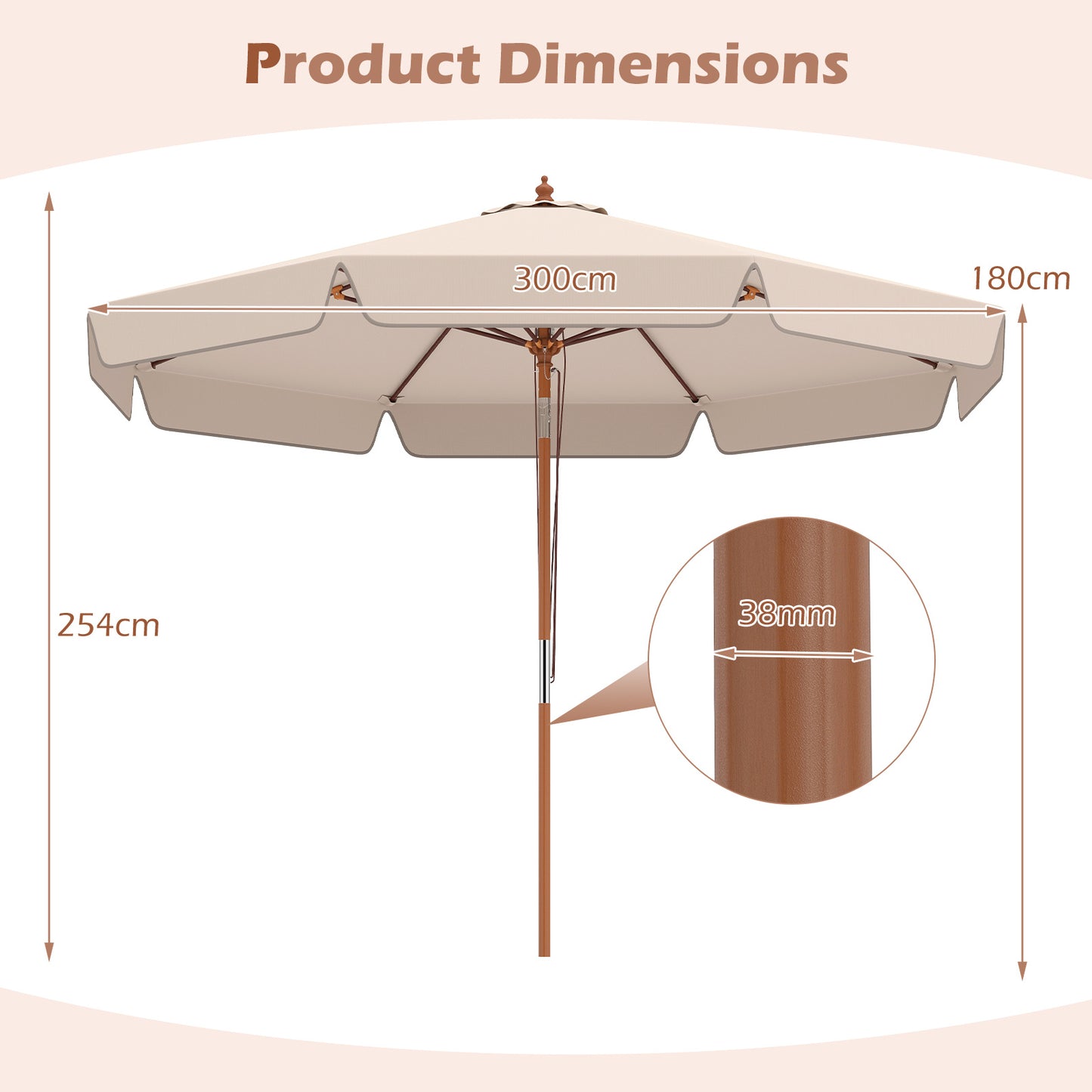 300 cm Scalloped Patio Umbrella Market Table Umbrella with Push Button Tilt-Beige
