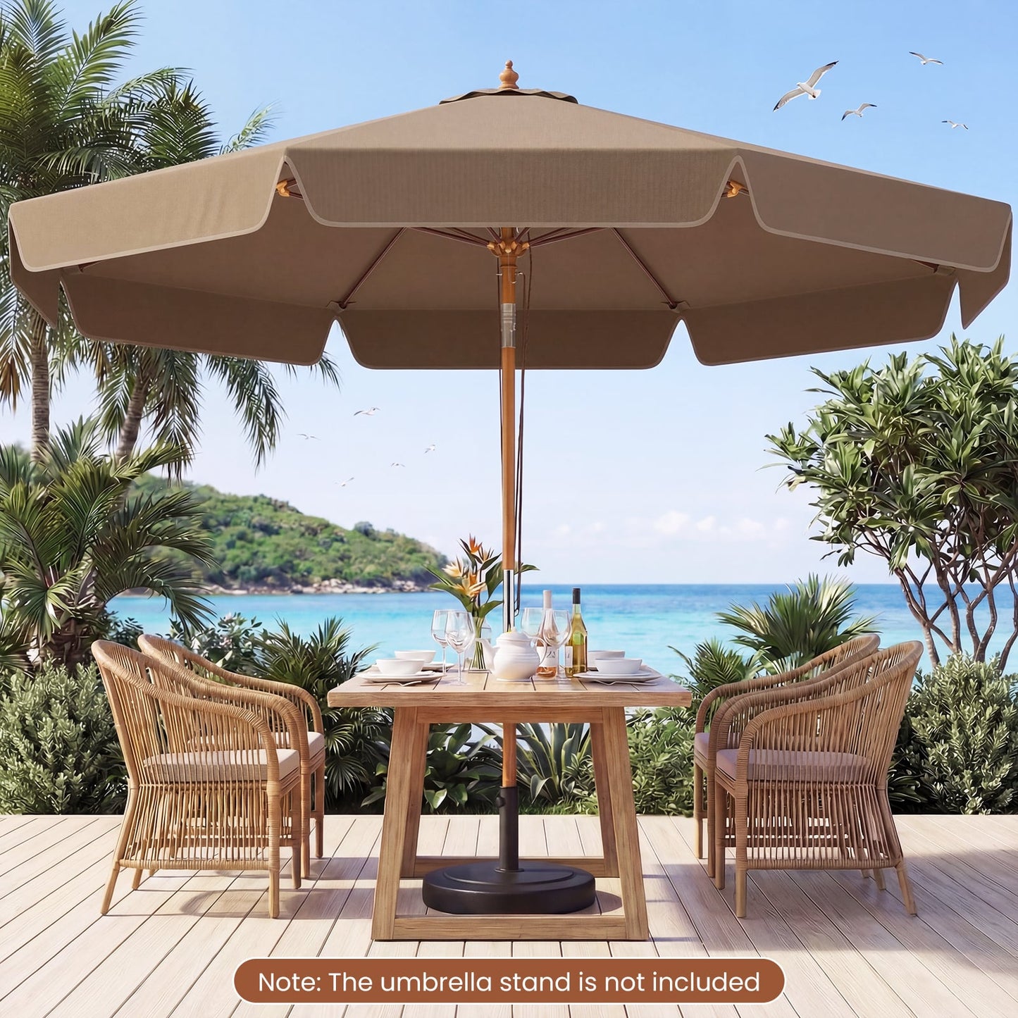 300 cm Scalloped Patio Umbrella Market Table Umbrella with Push Button Tilt-Coffee