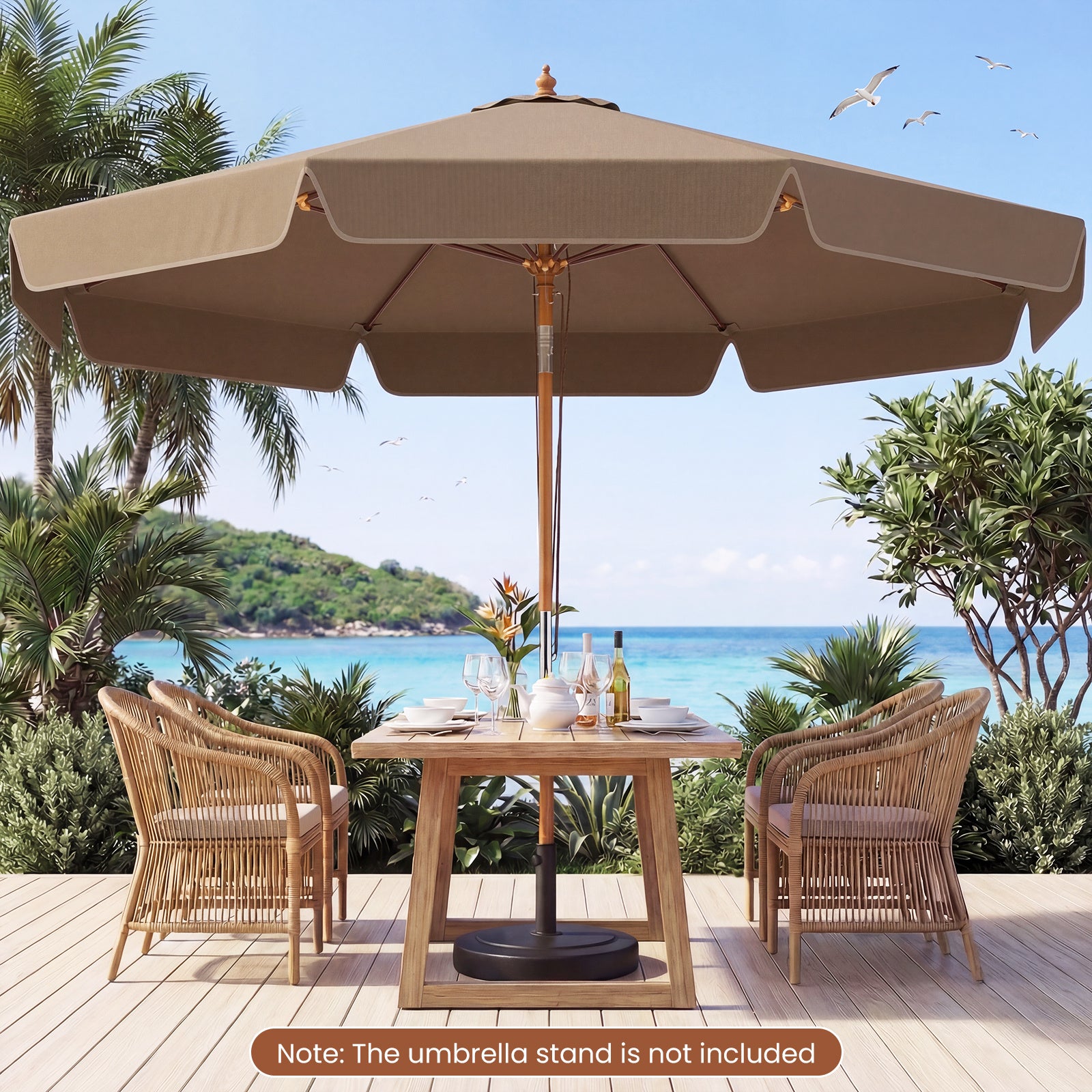 300 cm Scalloped Patio Umbrella Market Table Umbrella with Push Button Tilt-Coffee