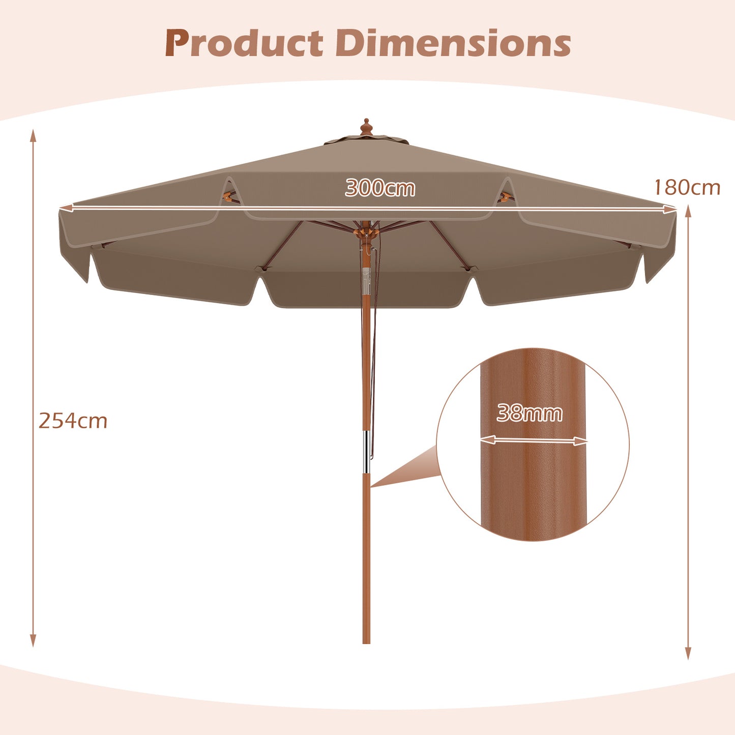 300 cm Scalloped Patio Umbrella Market Table Umbrella with Push Button Tilt-Coffee