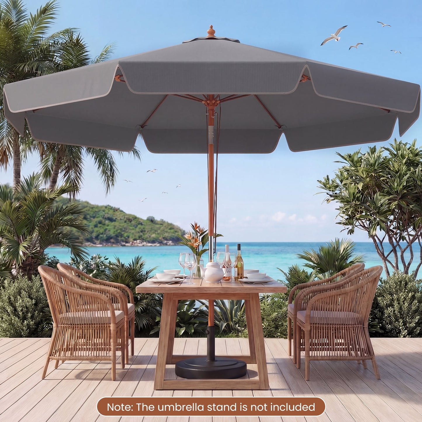 300 cm Scalloped Patio Umbrella Market Table Umbrella with Push Button Tilt-Grey