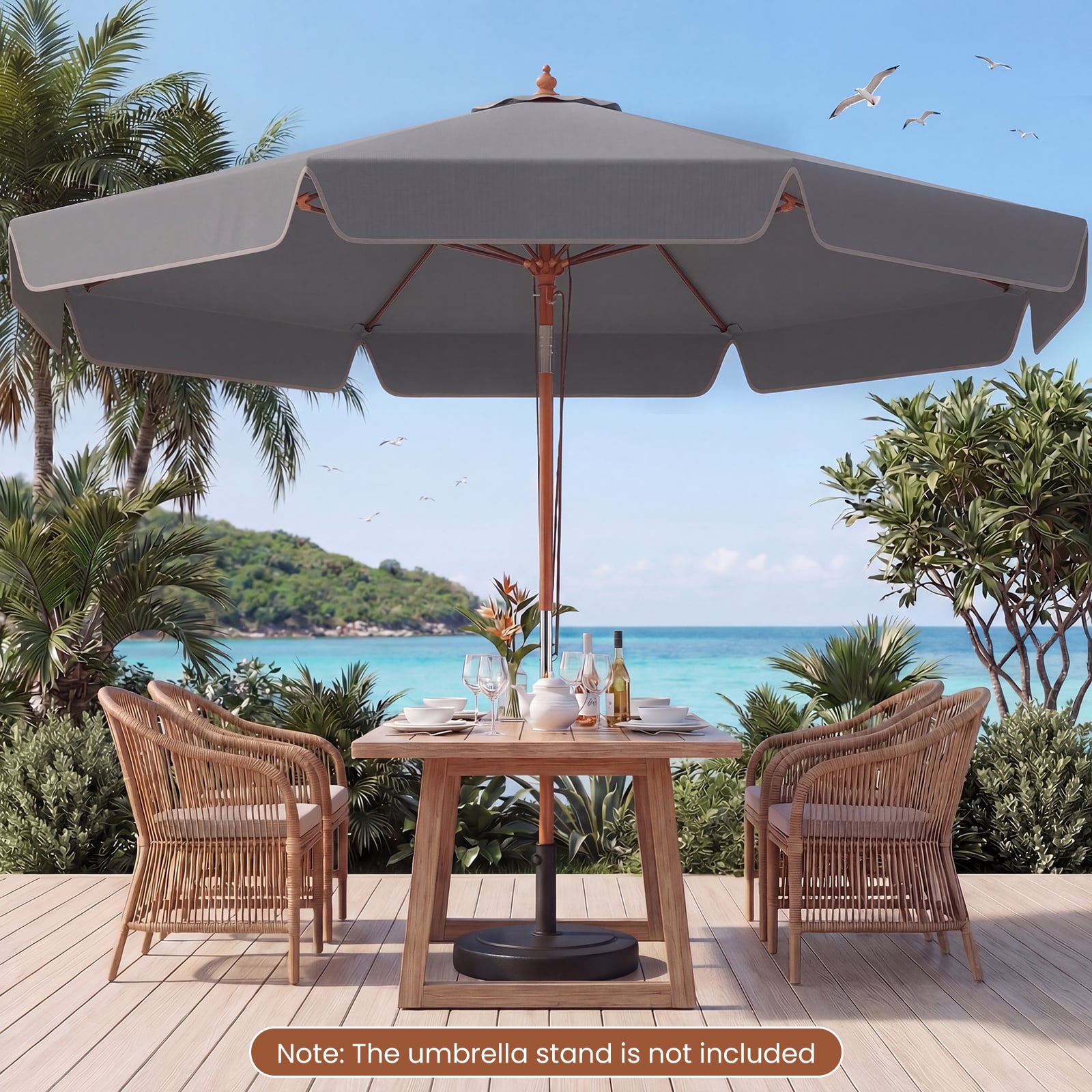 300 cm Scalloped Patio Umbrella Market Table Umbrella with Push Button Tilt-Grey