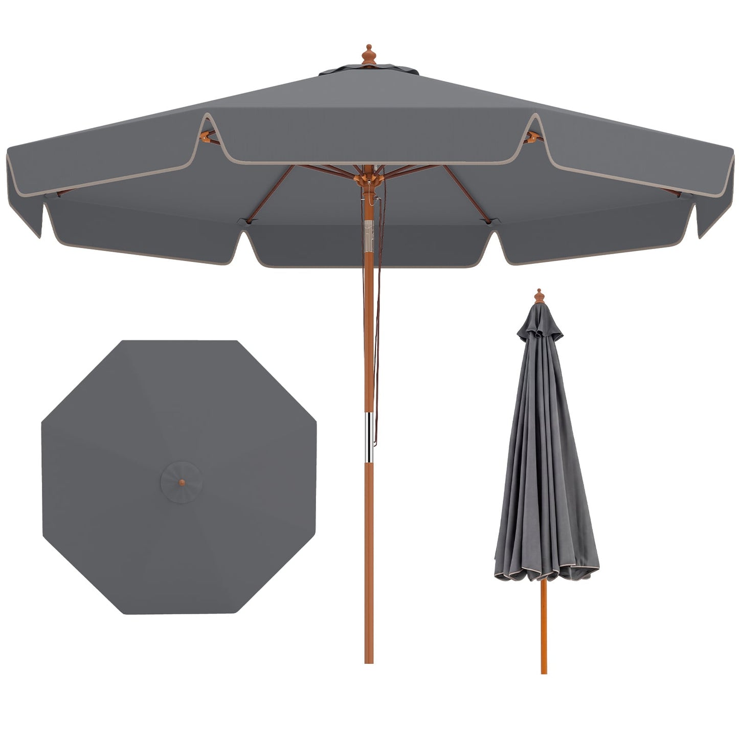 300 cm Scalloped Patio Umbrella Market Table Umbrella with Push Button Tilt-Grey