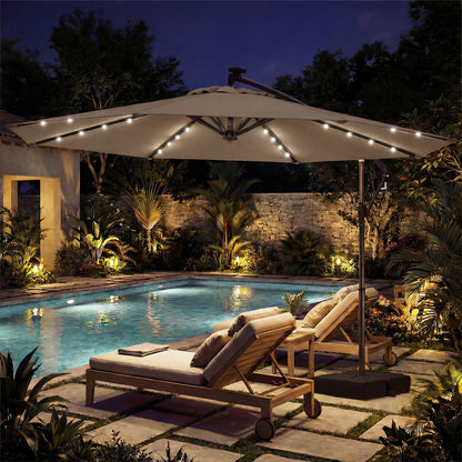 300 cm Solar LED Offset Cantilever Patio Umbrella with Rotation and Crank-Brown