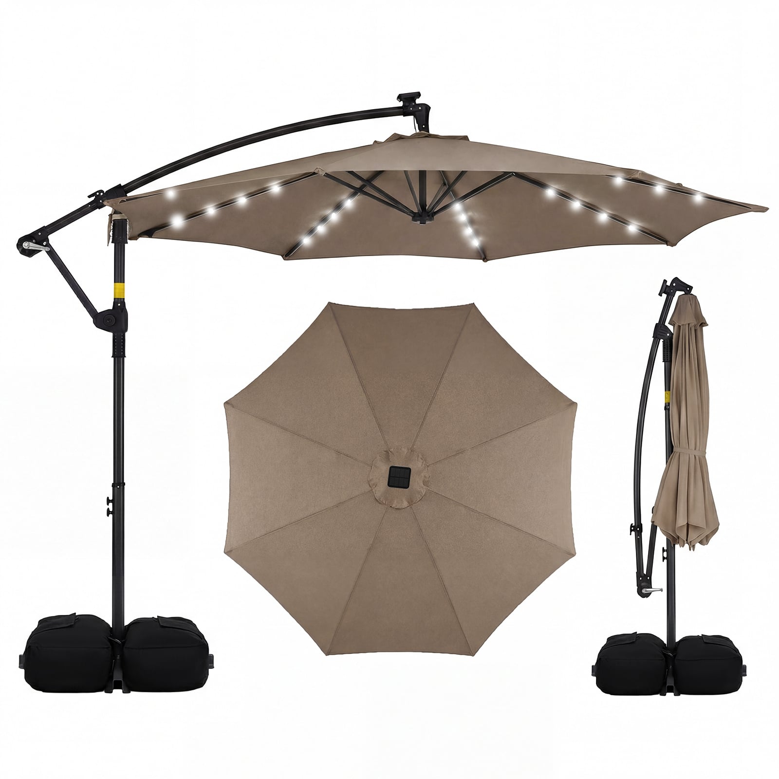300 cm Solar LED Offset Cantilever Patio Umbrella with Rotation and Crank-Brown
