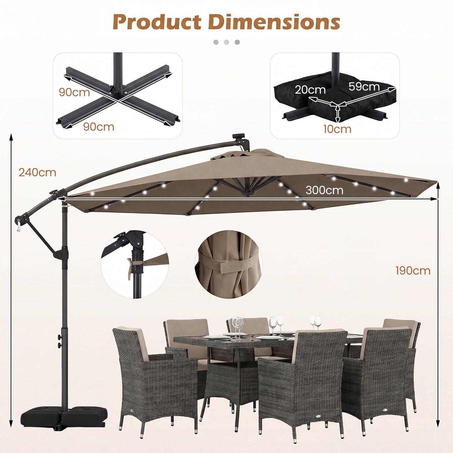 300 cm Solar LED Offset Cantilever Patio Umbrella with Rotation and Crank-Brown