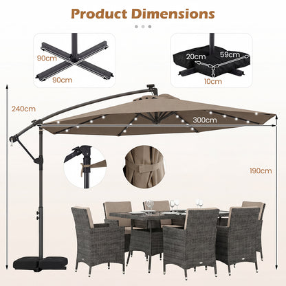300 cm Solar LED Offset Cantilever Patio Umbrella with Rotation and Crank-Brown