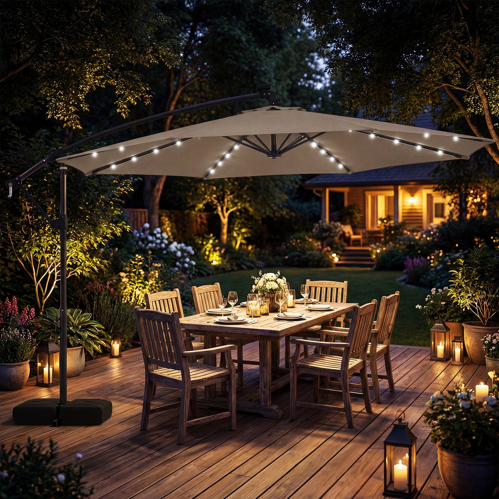 300 cm Solar LED Offset Cantilever Patio Umbrella with Rotation and Crank-Brown