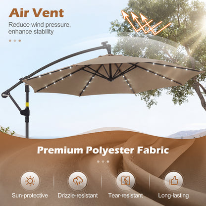 300 cm Solar LED Offset Cantilever Patio Umbrella with Rotation and Crank-Brown