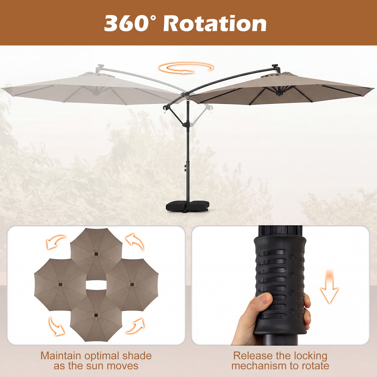 300 cm Solar LED Offset Cantilever Patio Umbrella with Rotation and Crank-Brown