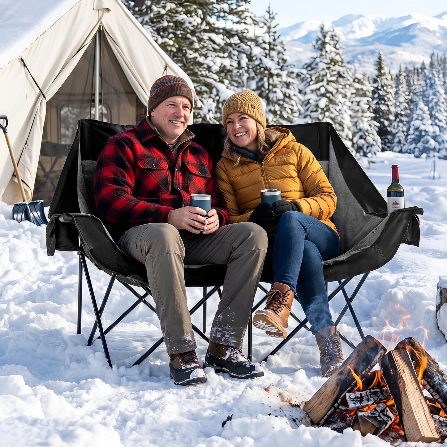 300 kg Heavy Duty Heated Double Camping Chair with 4 Heating Zones and 3 Heat Levels-Black