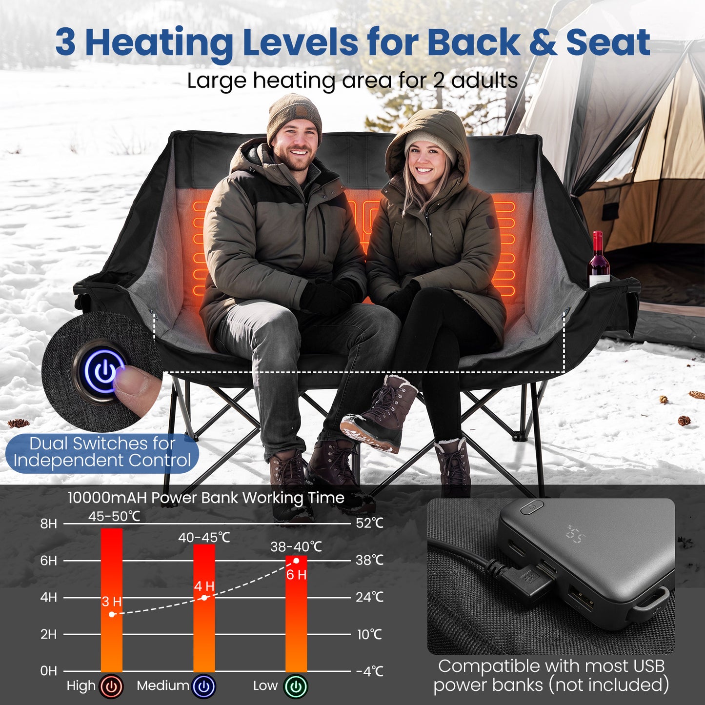 300 kg Heavy Duty Heated Double Camping Chair with 4 Heating Zones and 3 Heat Levels-Black