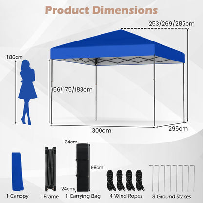 300 x 295 cm Pop up Canopy Tent with Portable Carrying Bag and Wind Ropes-Blue